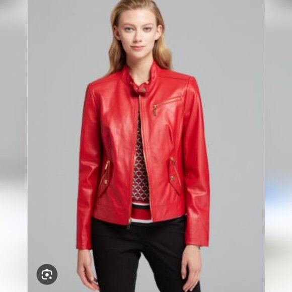 JONES NEW YORK | Genuine Leather Biker Jacket Red Golden Hardware Sz 12 - Picture 1 of 5